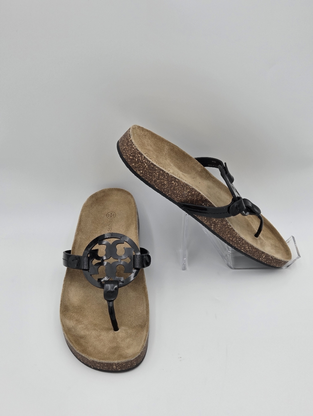 Tory Burch Miller Cloud Sandals in Black Patent Leather Size 9.5